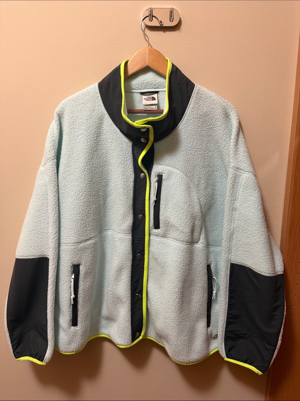 The North Face Mint Green Fleece Jacket with Black Panels & Neon Yellow Trim